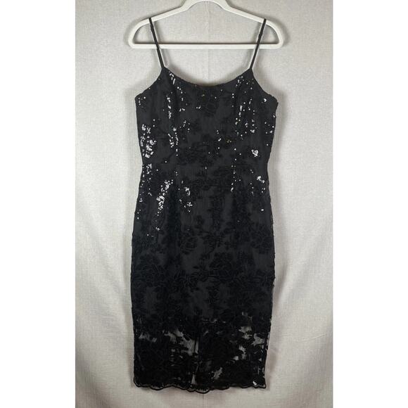 Dress The Population Sequin Floral Lace Tea Length Dress Womens Size Large Black - Picture 3 of 10